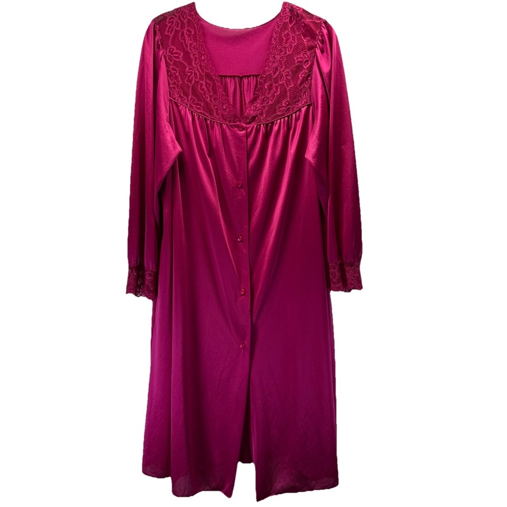 Shadowline Nightgown Vtg Robe Lingerie Sz M Button 100%‎ Nylon USA Fuchsia Lace